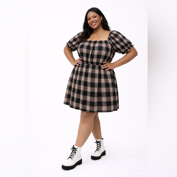 Torrid Black & Brown Plaid Puff Sleeve Mini Challis Dress, Large, NWT! - Picture 2 of 16
